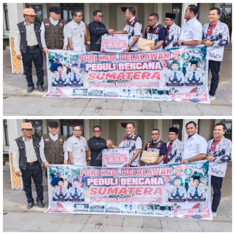 Ratusan Juta dan 4 Truk Pakaian Layak Pakai Serta Sembako Diserahkan PGRI Pelalawan Untuk Bantu Korban Bencana Alam