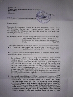 Dipecat Secara Sepihak Oleh PT. IKPP, Donny Warianto Lapor Ke Disnaker Riau
