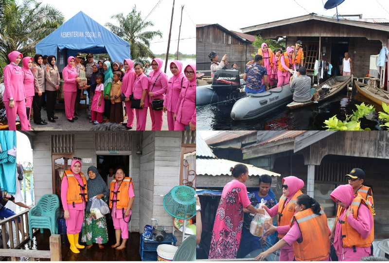 Kapolres Dan Ketua Bhayangkari Cek Debit Air Dan Berikan Bantuan Sembako Kepada Korban Banjir