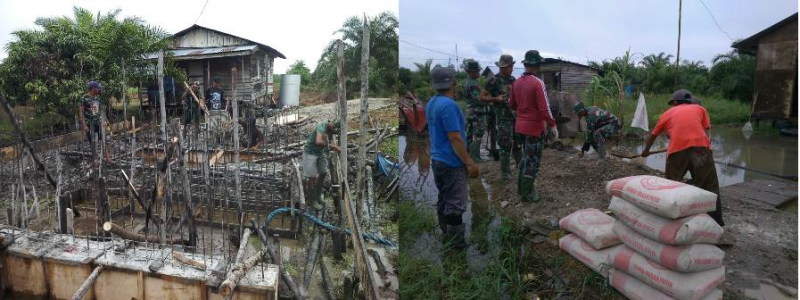 TNI Dan Warga Gotong Royong Lakukan Pengecoran Dinding Culver di Raja Bejamu