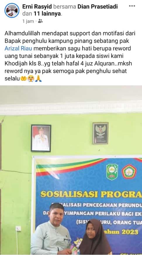 Arizal Beri Saguh Hati Kepada  Hafiz Al Quran di SMP 4 Tualang