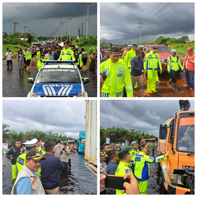 Kapolda dan Rombongan Bupati Pelalawan Tinjau Jalintim yang Terendam Banjir