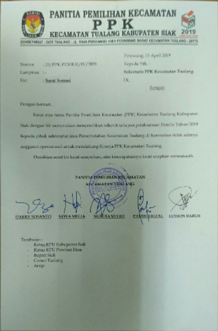 PPK Tualang mengundurkan Diri, Pesta Demokrasi Terancam Gagal