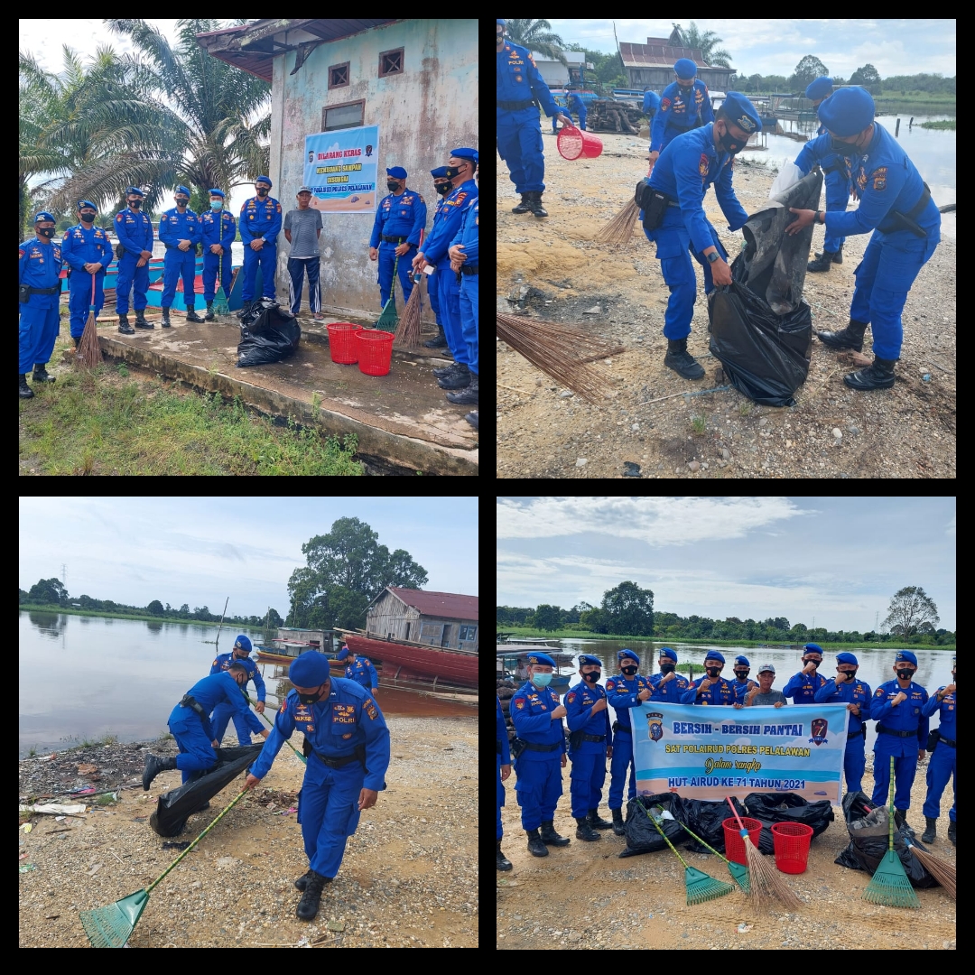 Peringati HUT Polairud ke 71, Polairud Polres Pelalawan Laksanakan Giat Bersihkan Pantai