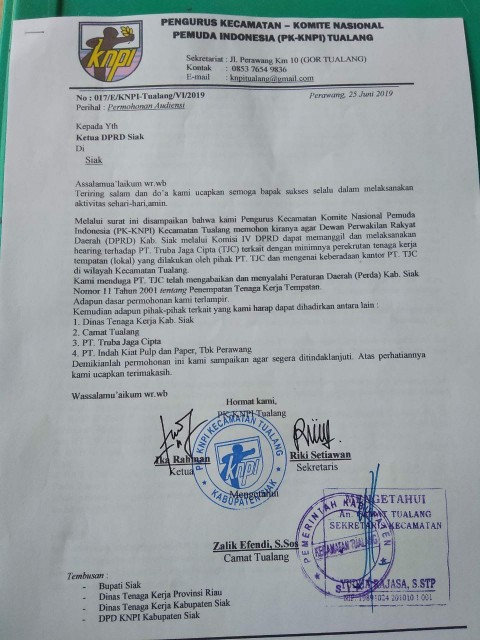 Surati DPRD Siak, Senin Depan KNPI Tualang Hearing Dengan PT Truba