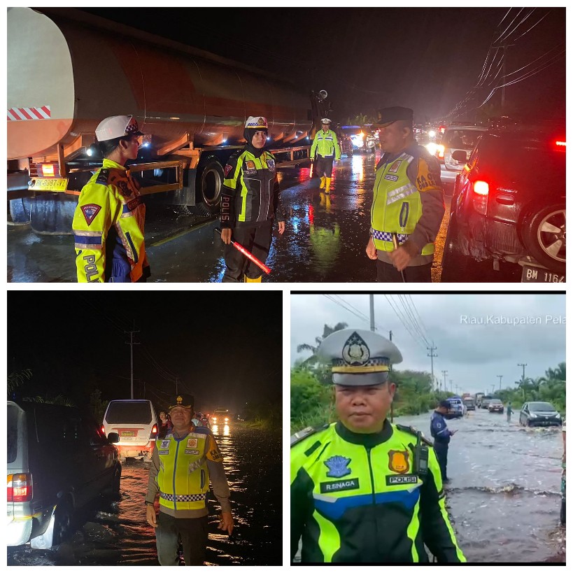 Basah Kuyup Kapolres Pelalawan Dorong Mobil Mogok dan Atur Lalu Lintas di Km 83 Jalintim