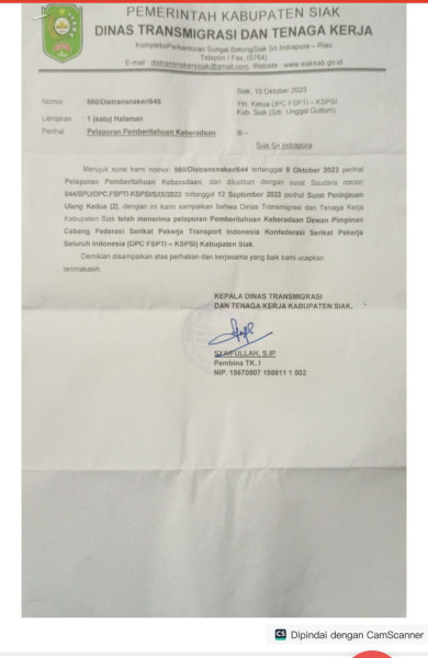 Disnaker Siak Akui FSPTI-KSPSI Unggal Gultom