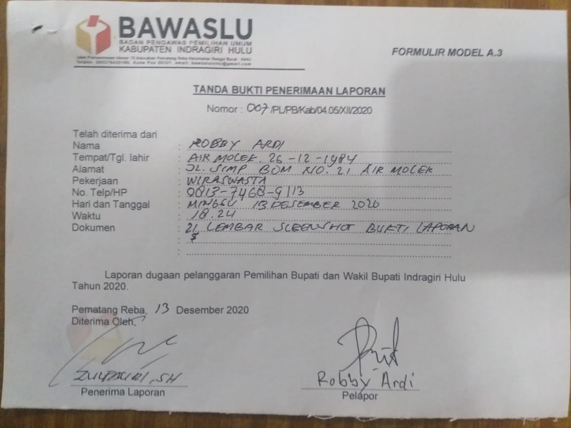 Pilkada Inhu 2020, Bawaslu Diminta Diskualifikasi Paslon No 2 Rajut
