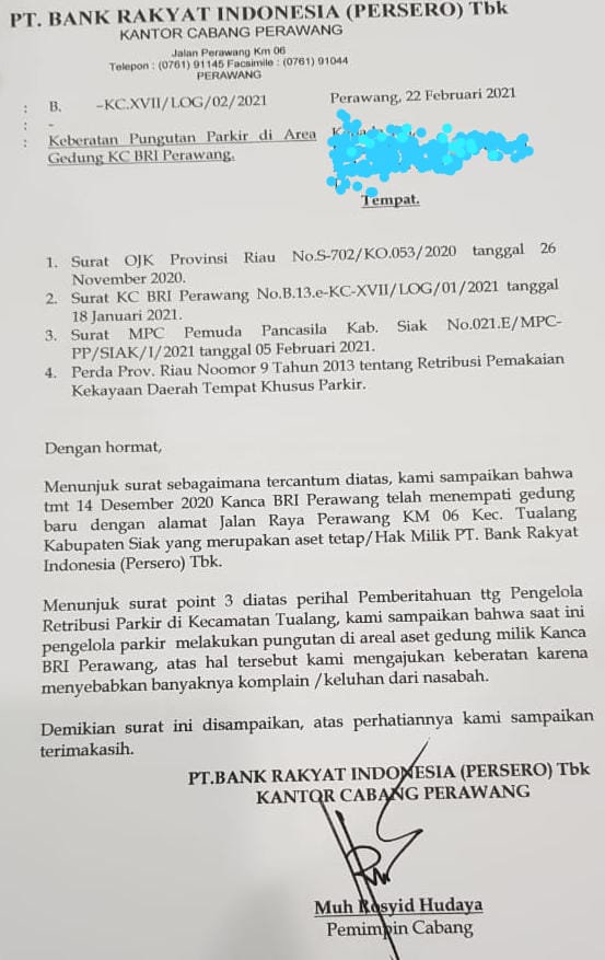 BRI KM 6 Cabang Perawang, Keberatan Dengan Pungutan Parkir