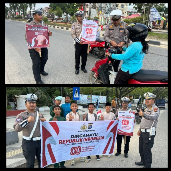 Peringati HUT RI Ke 80, Satlantas Polres Pelalawan Bagikan Bendera Merah Putih ke Pengendara