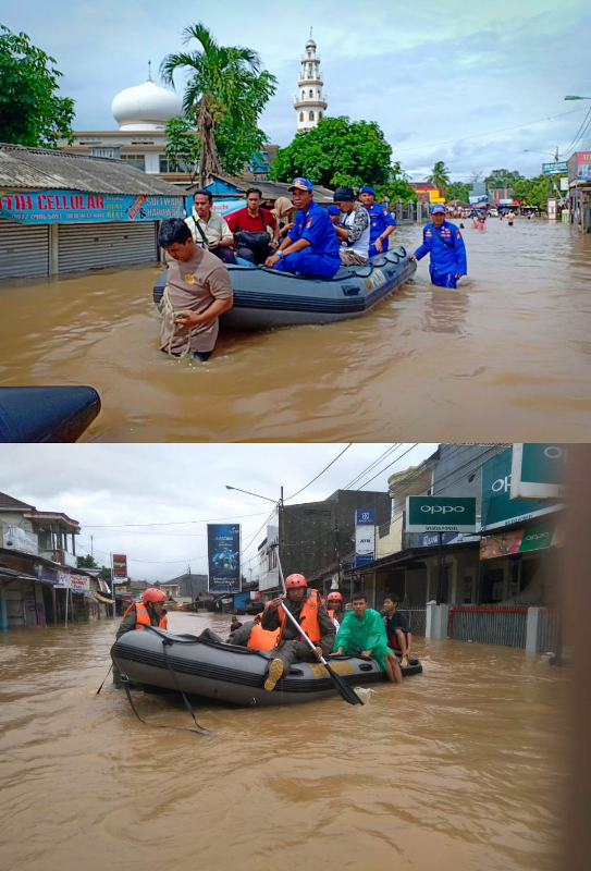 Polda Banten Bantu Evakuasi Warga Yang Terendam Banjir di Wilayah Desa Kalang Anyar
