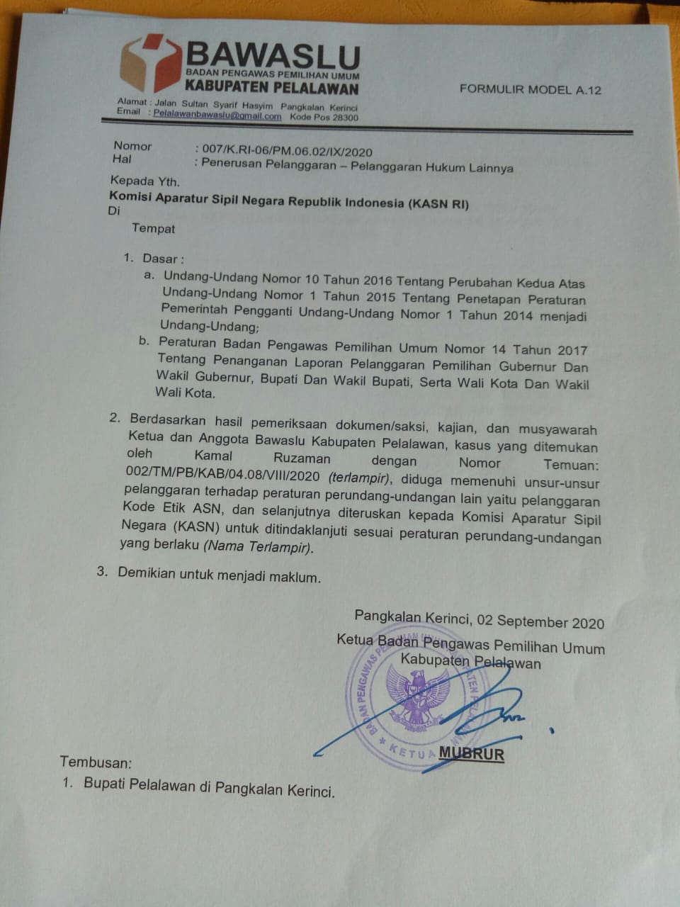 Kembali, Oknum ASN di Pelalawan Dilaporkan ke KASN Oleh Bawaslu