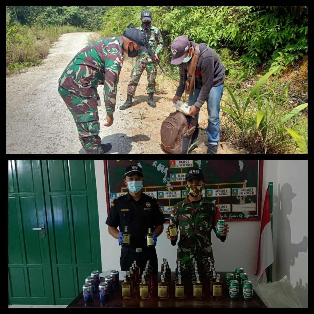 Satgas Pamtas RI-Malaysia Yonif 642 Amankan Puluhan Botol Miras dan 10 PMI Non Prosedural